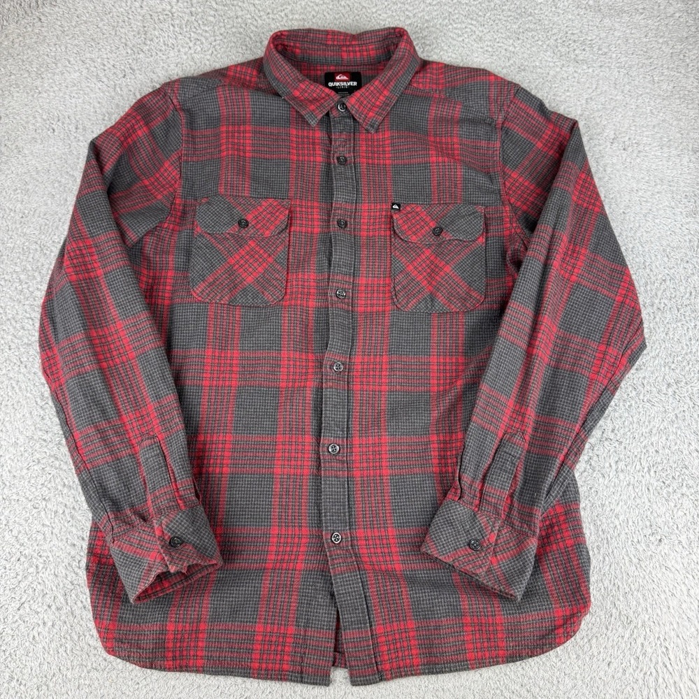 Quiksilver Shirt Mens‎ Large Red Plaid Flannel Button Up Long Sleeve Skate Surf